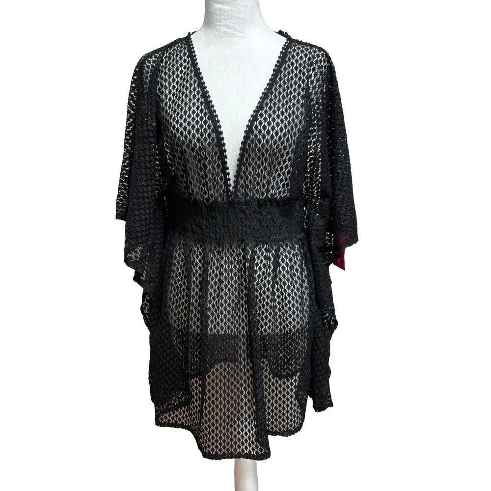 New Xhilaration Swim Cover Up Black Crochet Lace Tassel Tie Back Boho XL 12-14